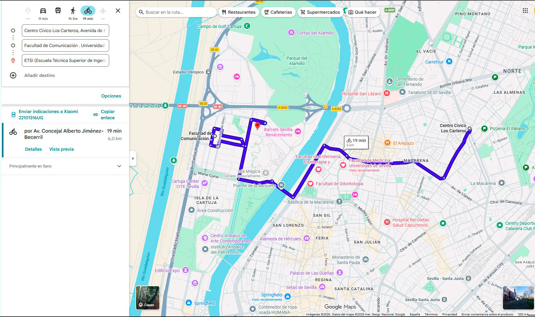 mapa de google maps para llegar al campus cartuja de Sevilla