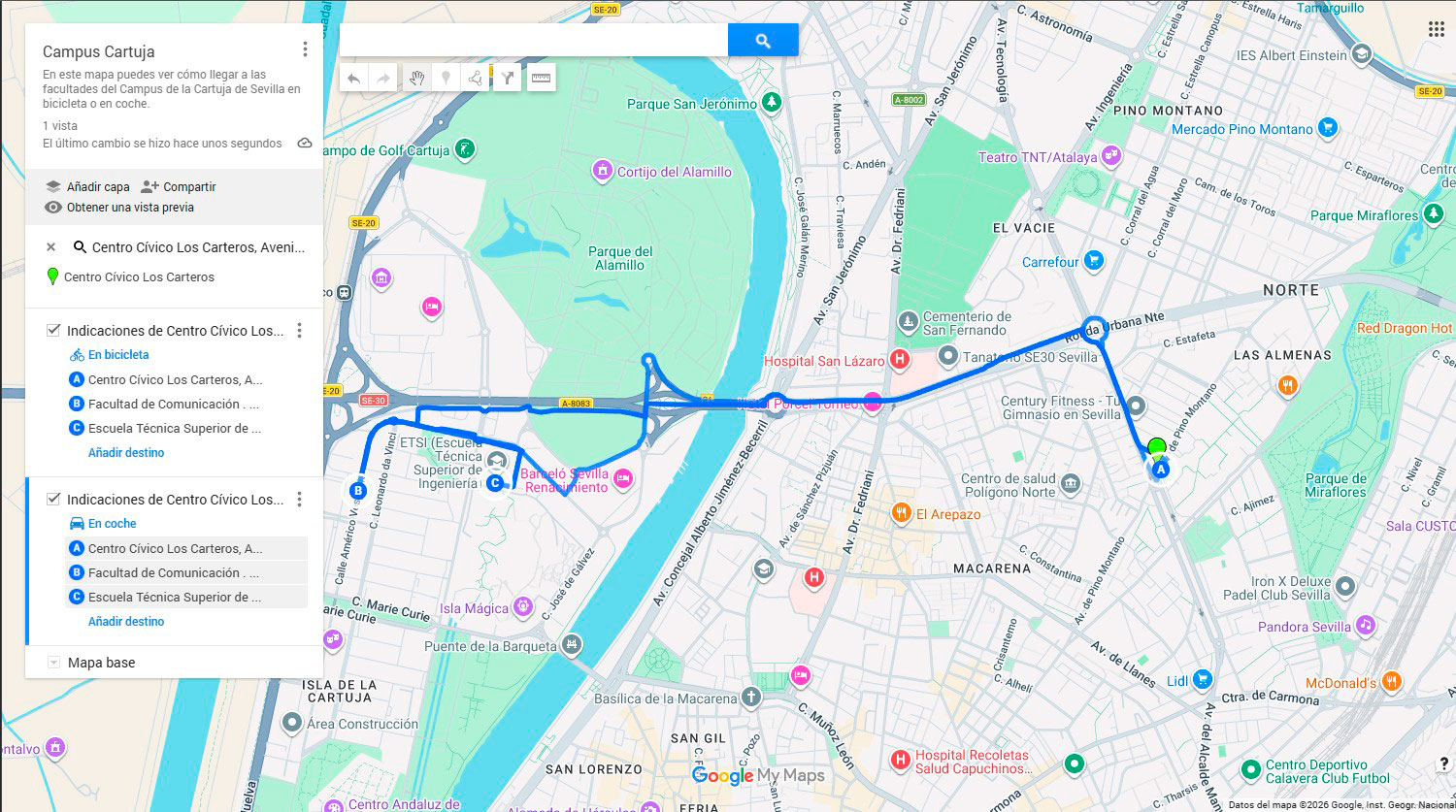 mapa de google my maps para llegar al campus cartuja de Sevilla
