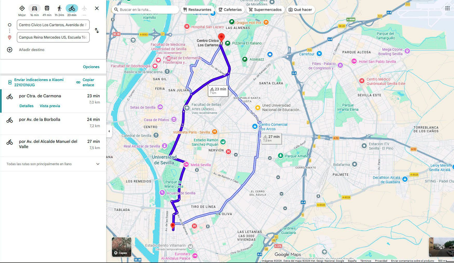 mapa de google maps para llegar al campus reina merceedes de sevilla