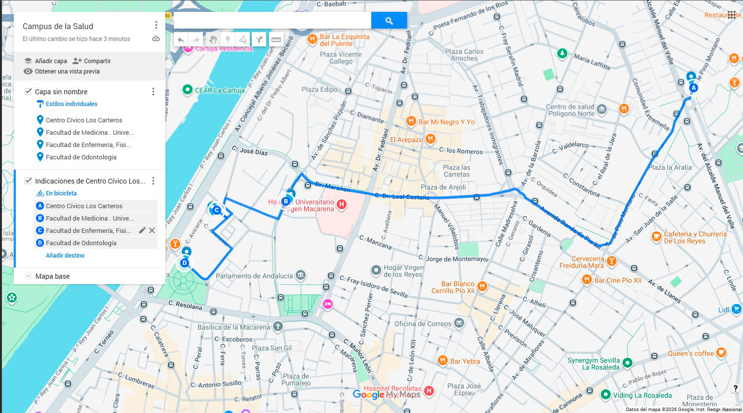 mapa de google maps para llegar al campus de la salud de sevilla