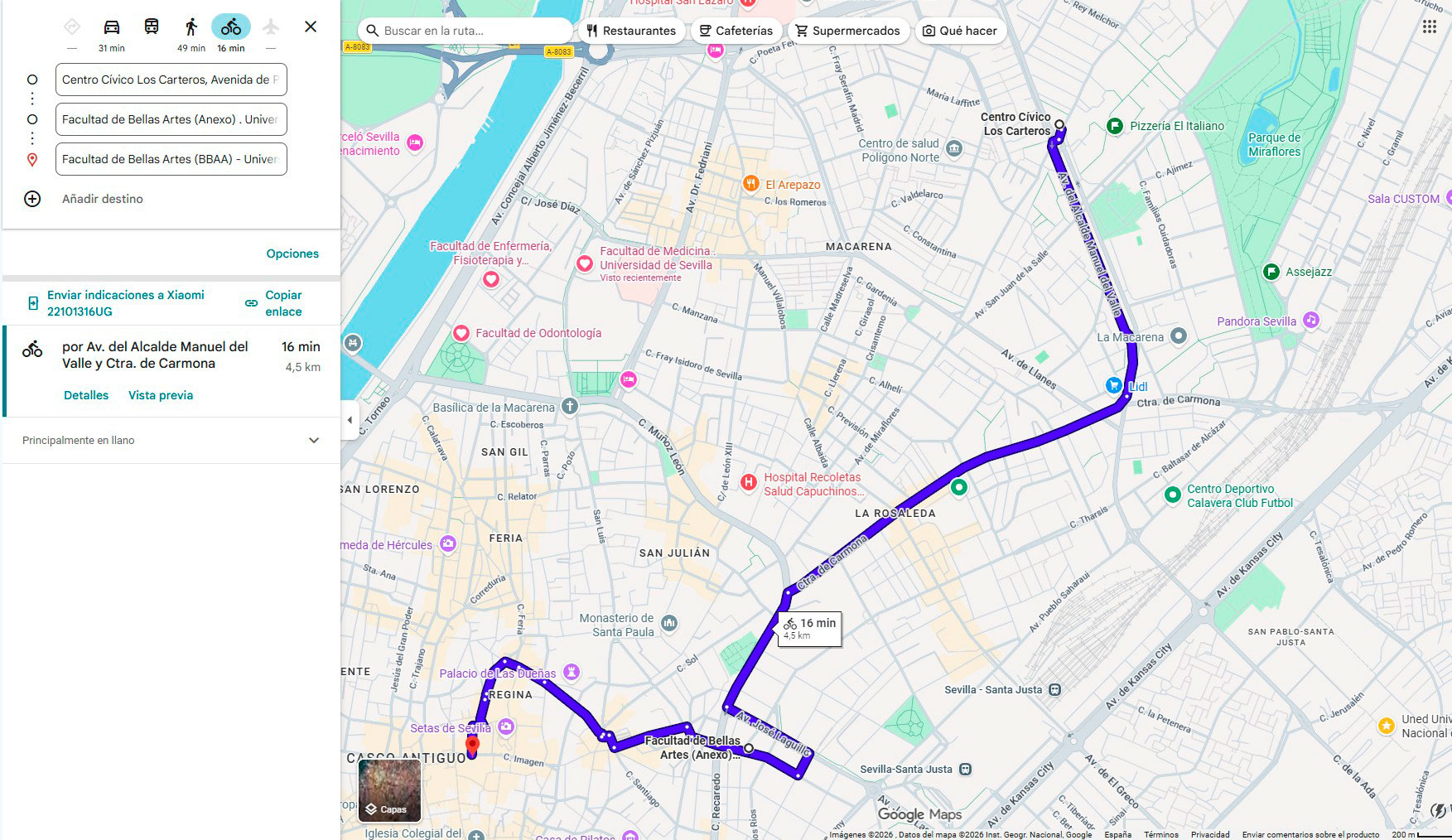 mapa de google maps para llegar a la facultad de bellas artes de sevilla y al anexo