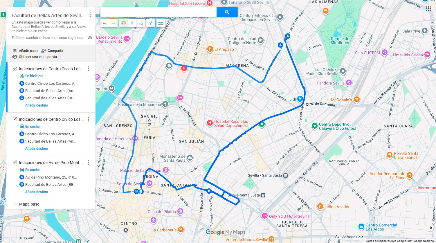 mapa de google my maps para llegar a la facultad de bellas artes de sevilla y al anexo