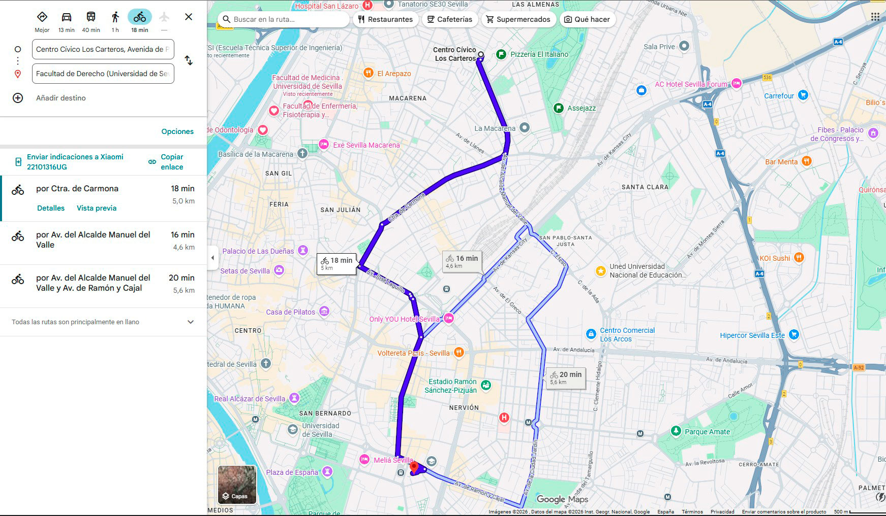 mapa de google maps para llegar a la facultad de derecho de sevilla