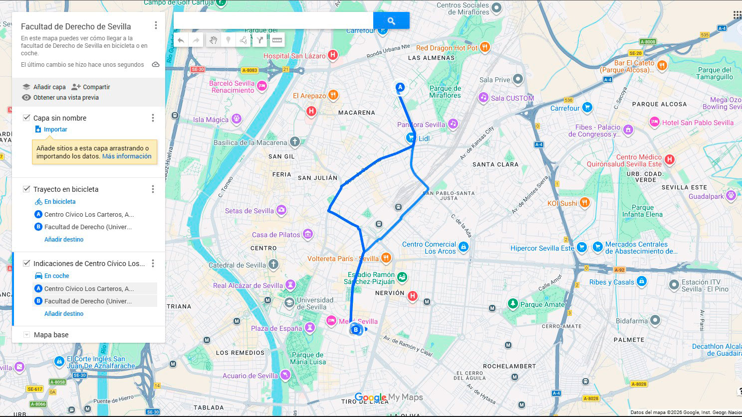 mapa de google my maps para llegar a la facultad de derecho de sevilla