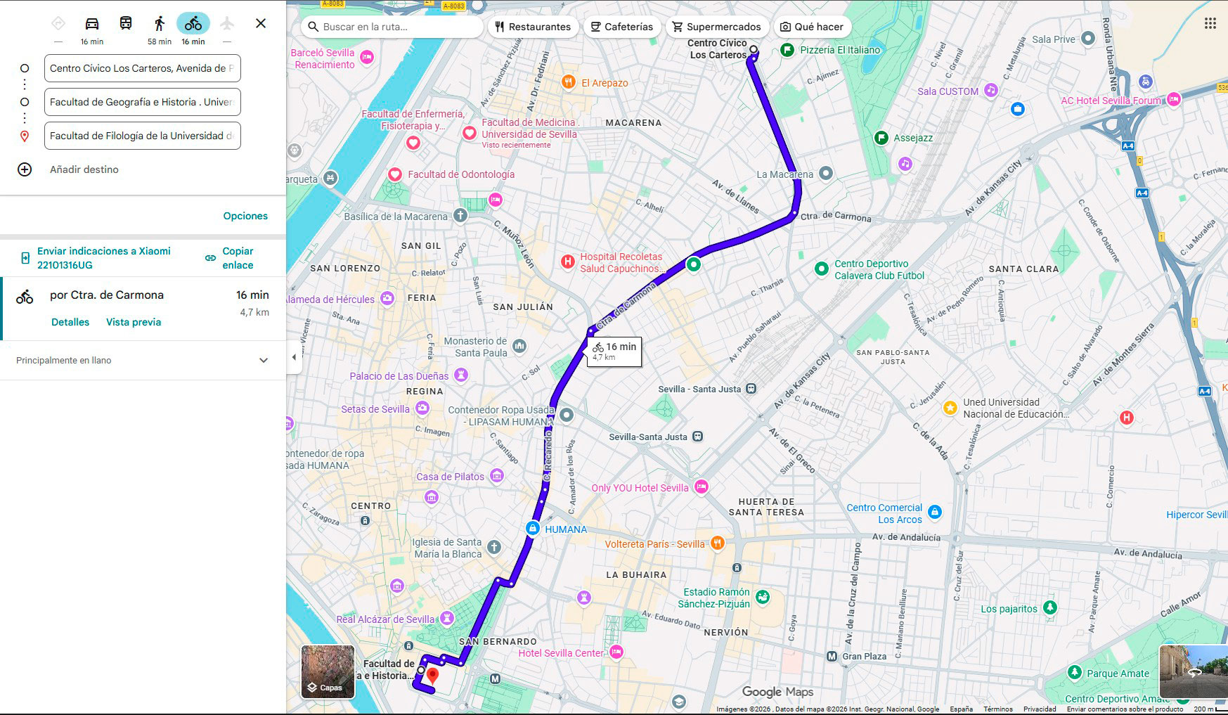mapa de google maps para llegar a las facultades de filología y geografía e historia de sevilla