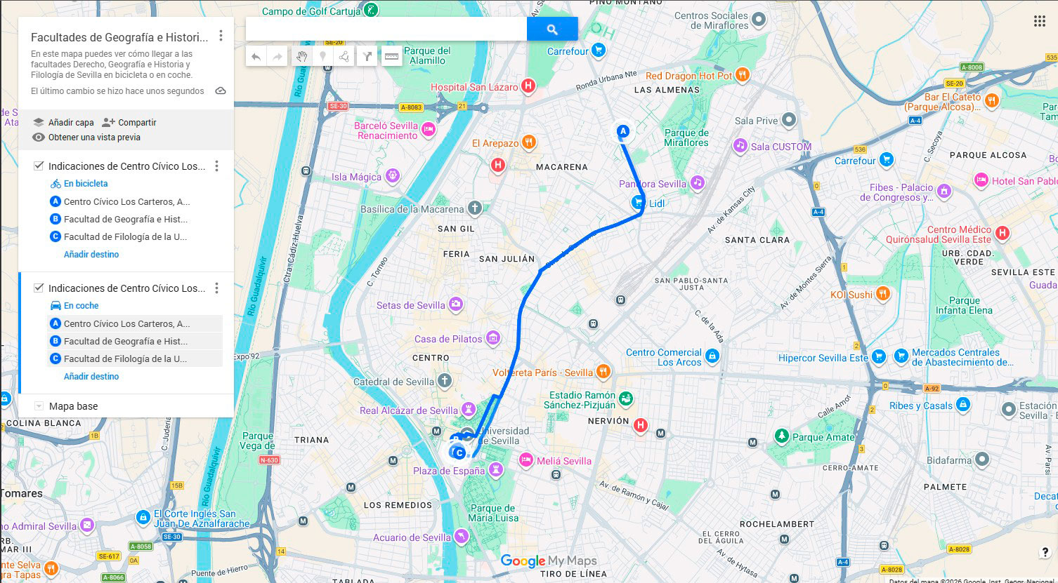 mapa de google my maps para llegar a las facultades de filología y geografía e historia de sevilla