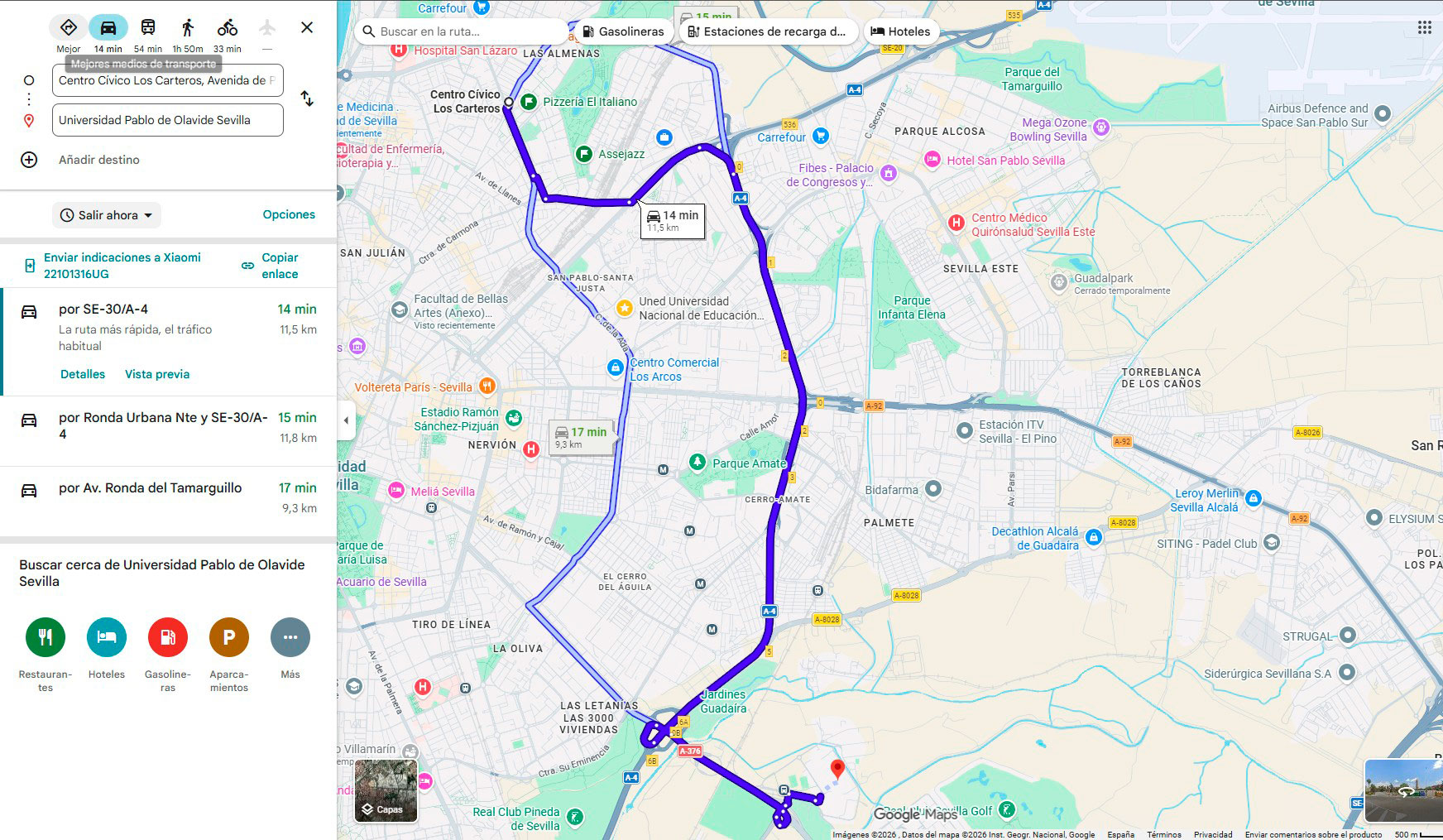 mapa de google maps para llegar a la universidad pablo de olavide de sevilla