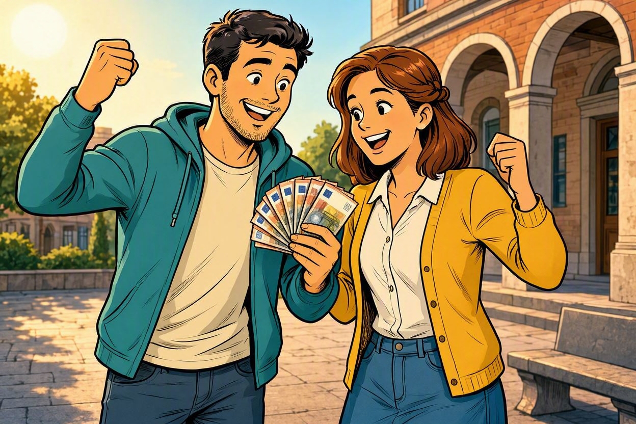 estudiantes celebrando dinero conseguido por sacar notas excelentes